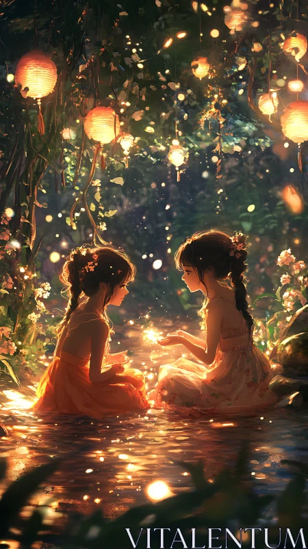 Two girls in lantern lit forest stream with glowing lights.