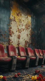 Decayed cinema seats under peeling floral theater wall.