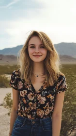 Smiling blonde woman stands in soft desert daylight portrait