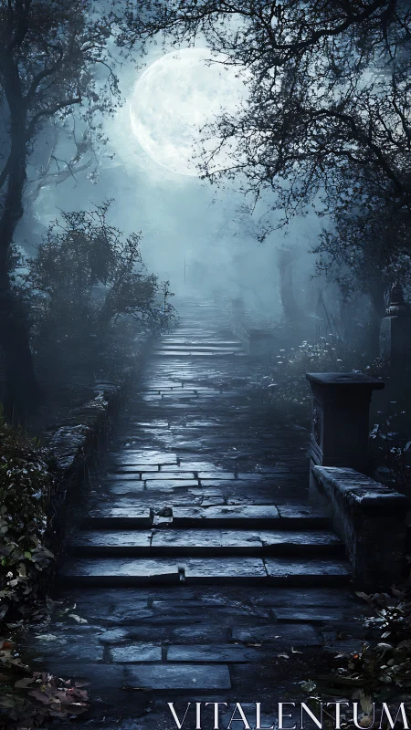 Moonlit stone stairway through misty haunted forest path.
