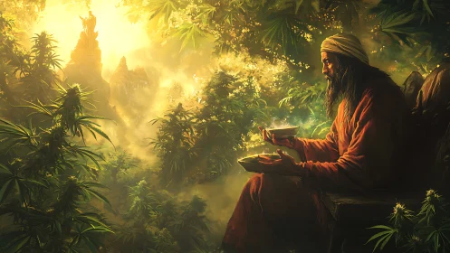 Gentle sage resting in a golden forest of drifting light.