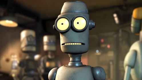 Grey cartoon robot portrait in industrial interior scene.