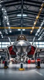 Sleek fighter jet resting proudly in a bright open hangar.