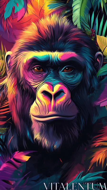 Gorilla portrait in multicolor jungle foliage environment.