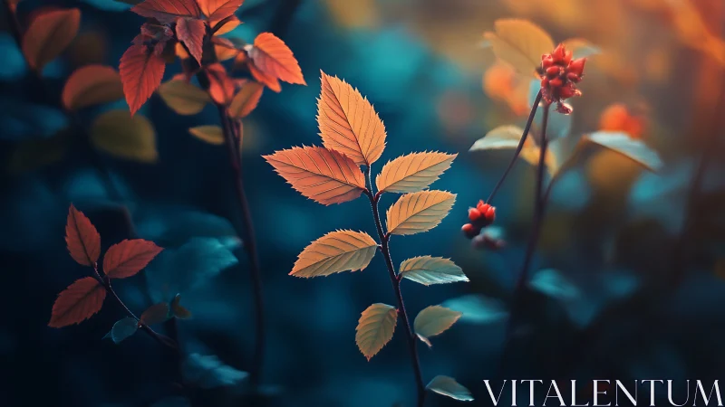 Golden leaves and red berries in dreamy forest bokeh.