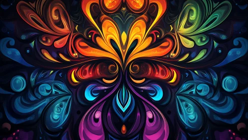 Symmetrical fractal bloom in multicolor abstract digital painting.