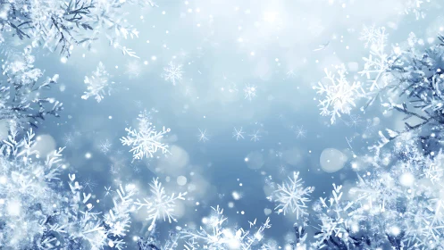 Frozen snowflakes on blue winter background in soft focus.