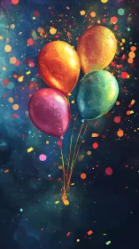 Luminescent Balloons Ascending Through Cosmic Confetti Storm.