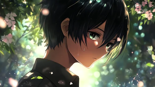 Side profile of anime boy under foliage in soft daylight