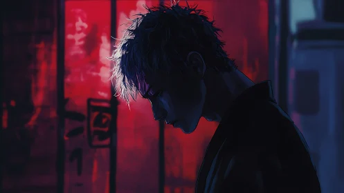 Silhouetted male profile against red neon urban backdrop.