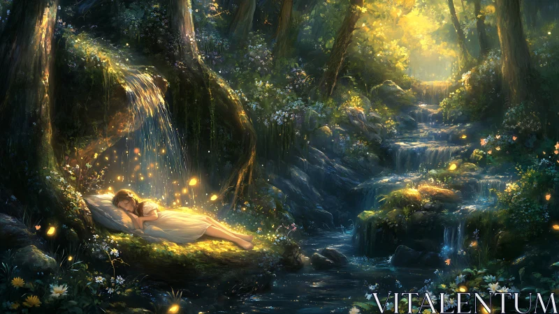 Luminous forest stream with sleeping girl under glowing waterfall