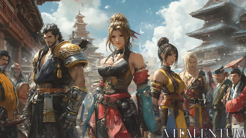 Heroic fantasy warriors in crowded Edo street tableau.