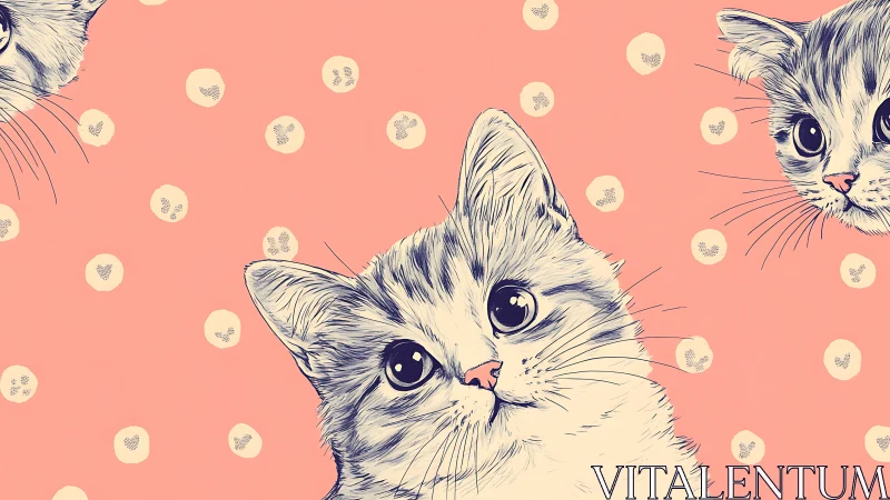 Whimsical Cat Portrait with Playful Floral Elements. Soft Peachy Palette.