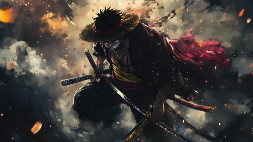 Straw-hatted swordsman strides through burning storm clouds.