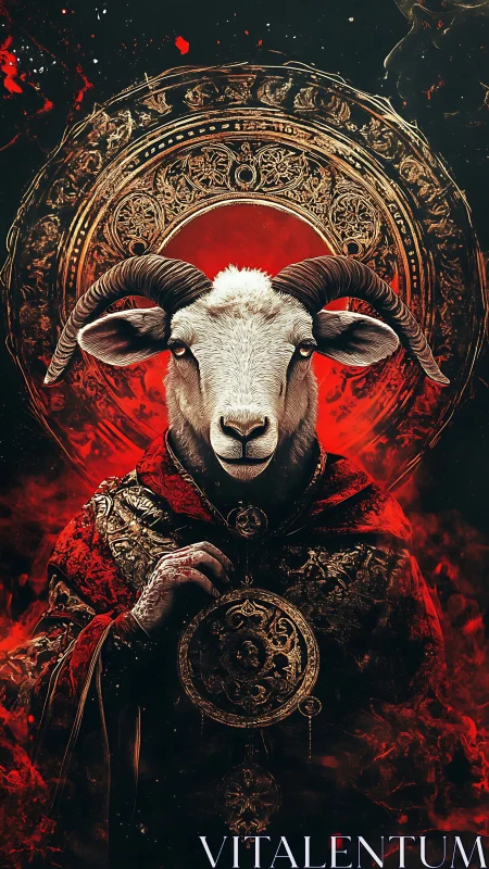 Regal horned guardian cloaked in crimson and gold mystery.