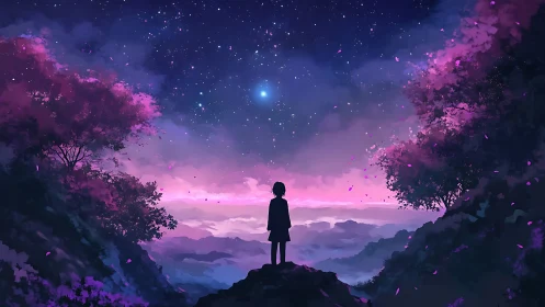 Child beneath violet cosmos on misty twilight ridge.