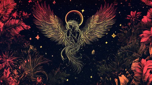 Winged female figure suspended before haloed celestial disc.