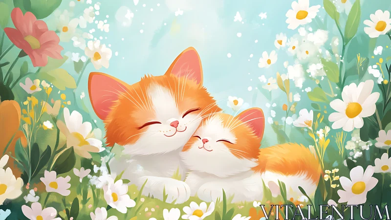 Two Orange Kittens Cuddling in Blooming Daisy Meadow