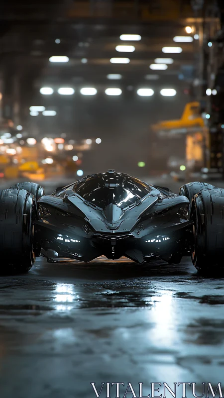 Midnight stealth hypercar prowling a neon-dripped warehouse.