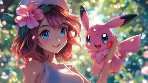Pink haired anime girl holding pink creature outdoors.