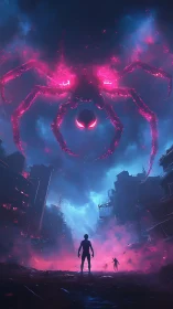 Neon spider entity over ruins and silhouetted figures.