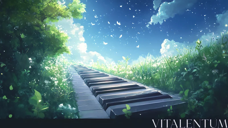 Piano key pathway extending through sunlit grassy landscape.