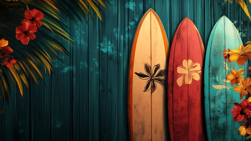 Three surfboards stand vertically against teal wood wall