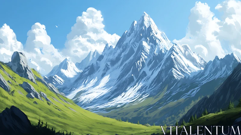 Snowlit titan leans into the sky while green valleys listen