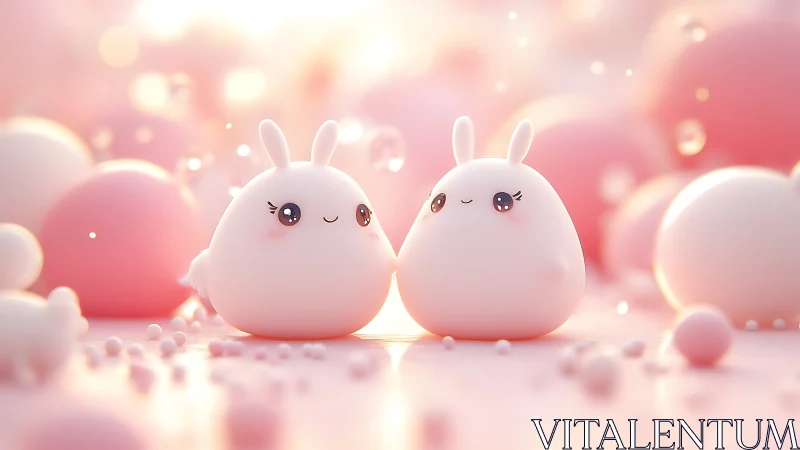 Sweet bunny buddies glowing in a dreamy pink wonderland.