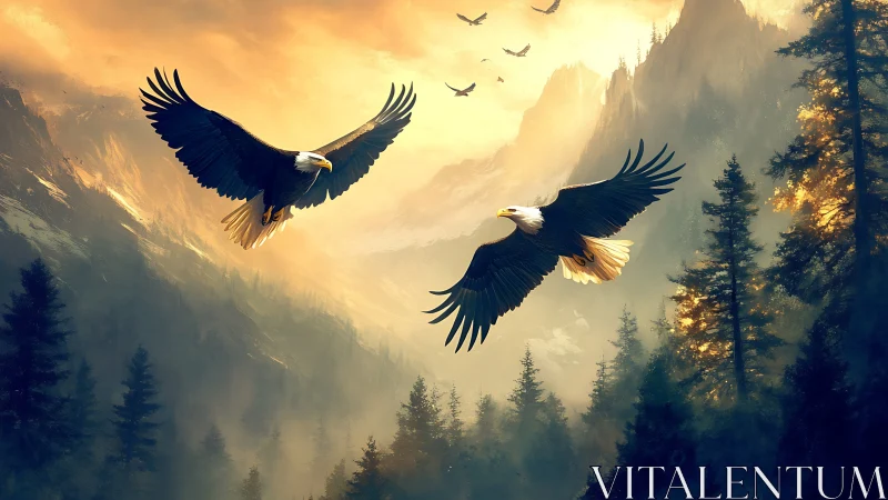 Majestic Bald Eagles Soaring Over Sunrise Mountain Landscape.