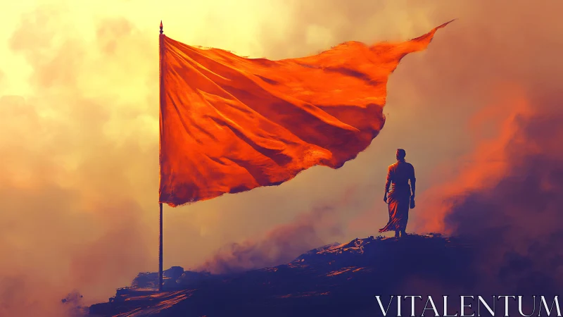 Lone wanderer greeting a glowing crimson flag at dusk.