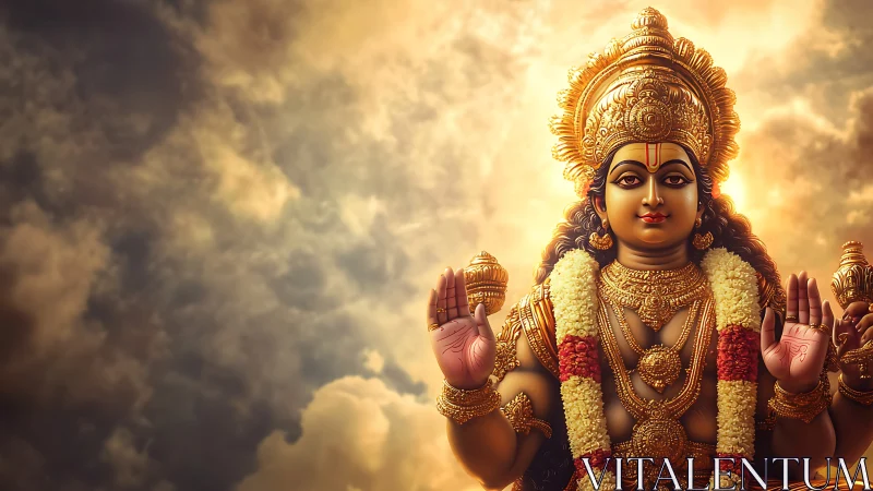 Radiant Hindu deity statue glows before luminous storm clouds