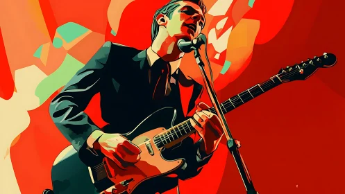 Electric guitar vocalist in stylized red stage lighting