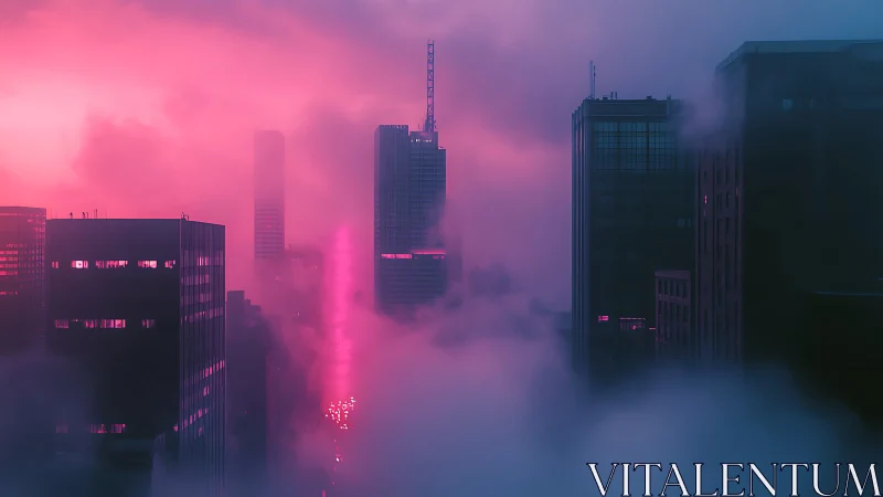 Neon mist over quiet city towers at dreamy blue hour.