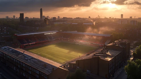 Sunlit urban football stadium glows under dramatic evening sky