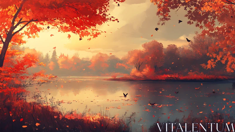Backlit autumn lakeside rendered with warm atmospheric perspective