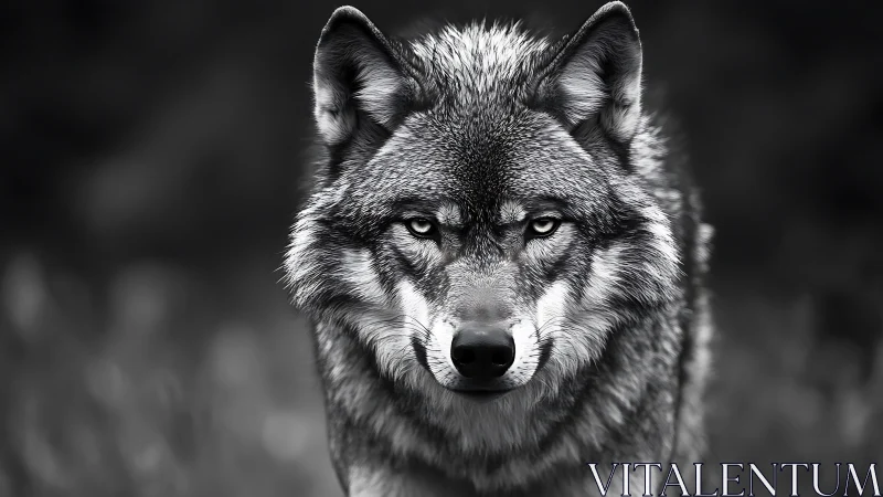 Grey wolf stares intensely through a moody monochrome forest