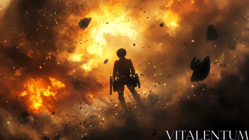 Silhouetted soldier amid volumetric fireball explosion field