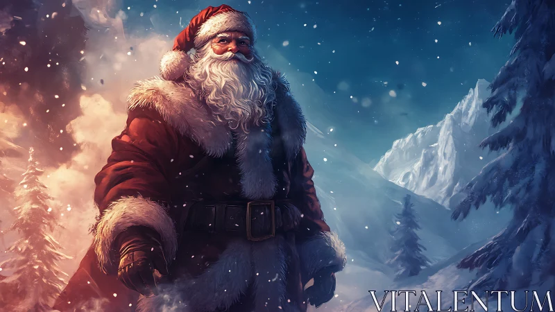 Warm-hearted Santa strolling through a dreamy winter night.