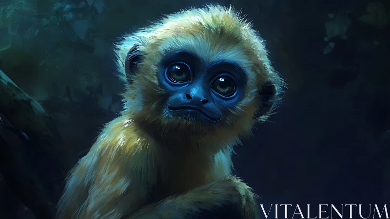 Digital painting portrait of luminous-eyed baby monkey.