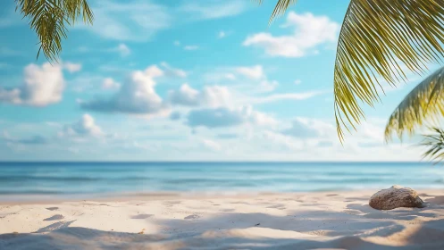 Tropical Beach with Palm Fronds and Ocean View