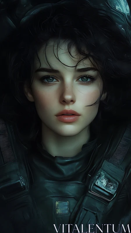 Stoic female spacefarer gazes ahead in dim teal light