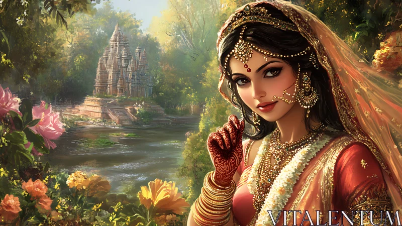 Ornate Indian bride portrait before riverside temple sanctuary