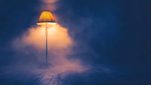 Vintage floor lamp glows warmly through swirling midnight fog