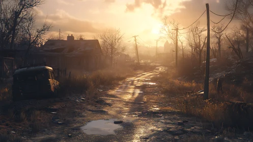 Rural road with derelict house and car at low sunset light.