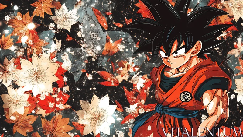 Animated martial artist amid dense stylized autumn floral field