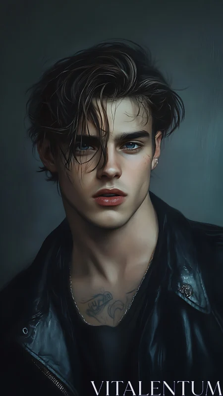 Brooding young man in leather jacket under moody light