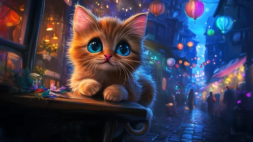 Digital painting kitten with glowing blue eyes in neon-lit urban street