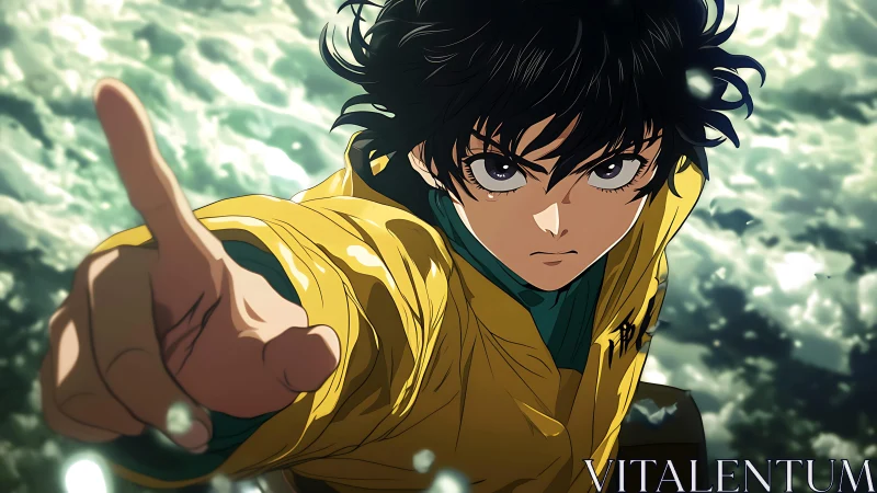 Storm-bright hero reaching forward into wild sky energy.