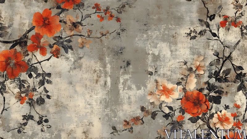 Weathered Red Flowers Against Grayed Stone Wall.